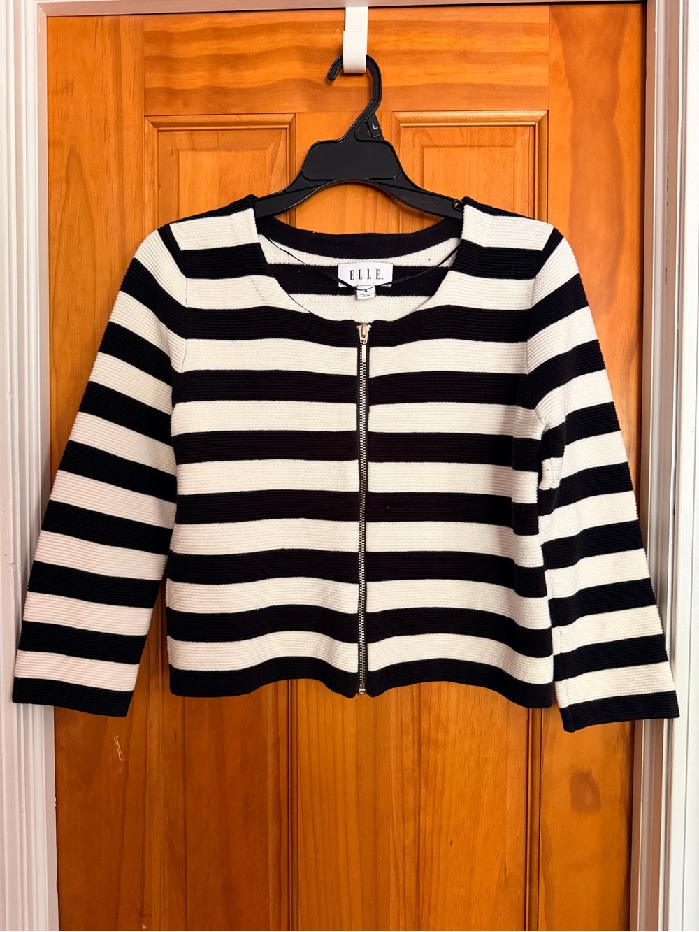 Elle Black and White Striped Zip Jacket with Gold Hardware